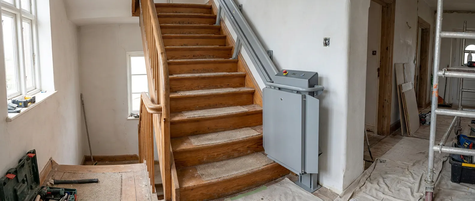 Escalier avec le monte-escalier replié contre le mur