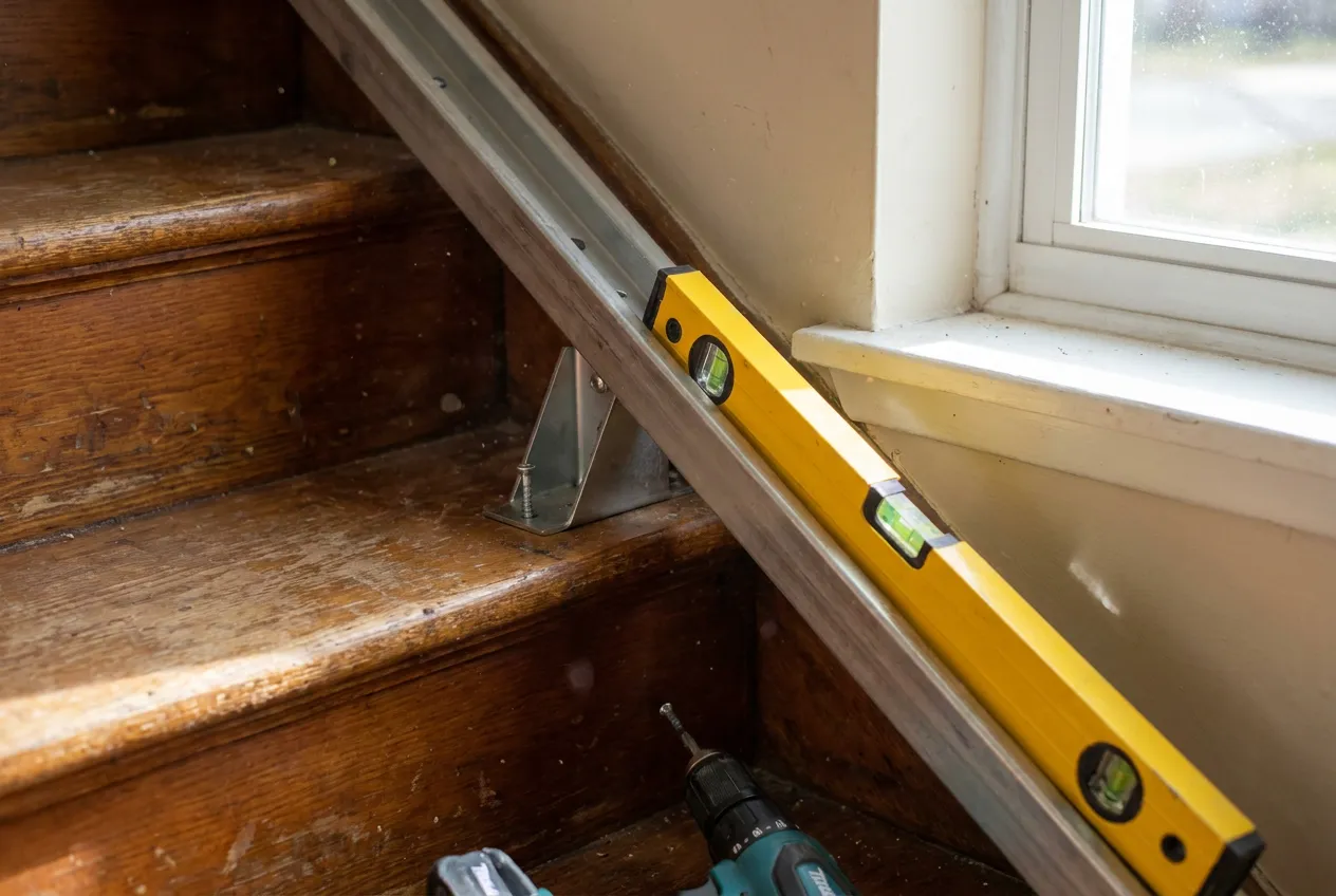 Fixation des pieds du rail dans les marches de l'escalier